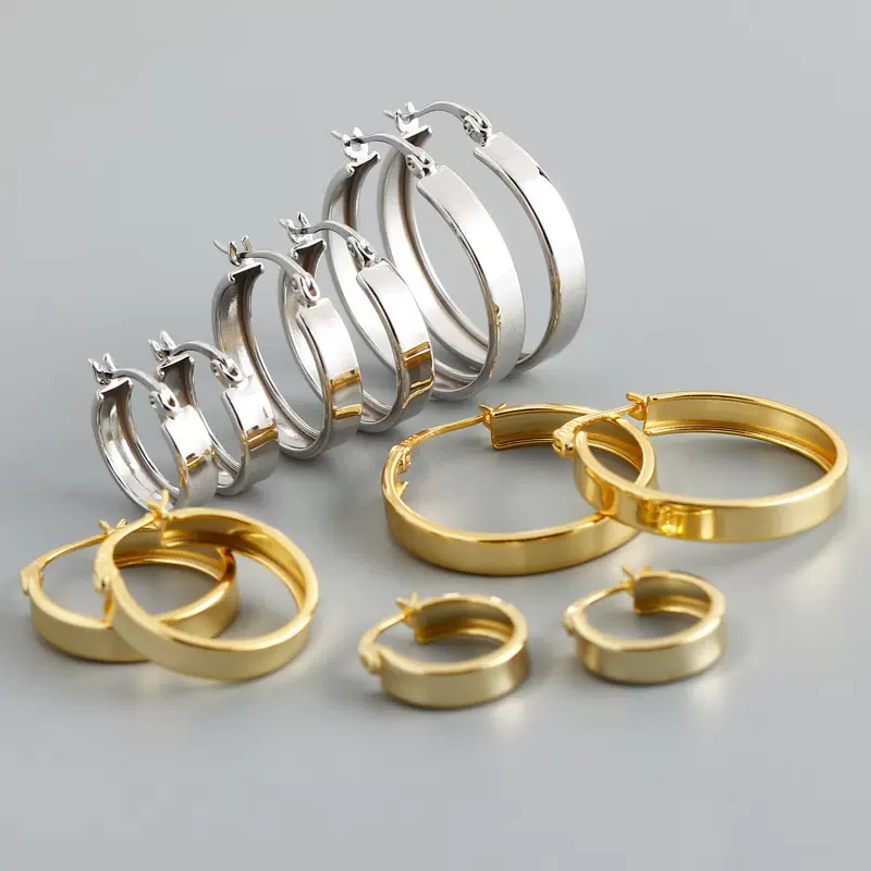 EH1325 跨境欧美宽扁素圈S925耳环金色个性时尚多尺寸耳圈耳扣女