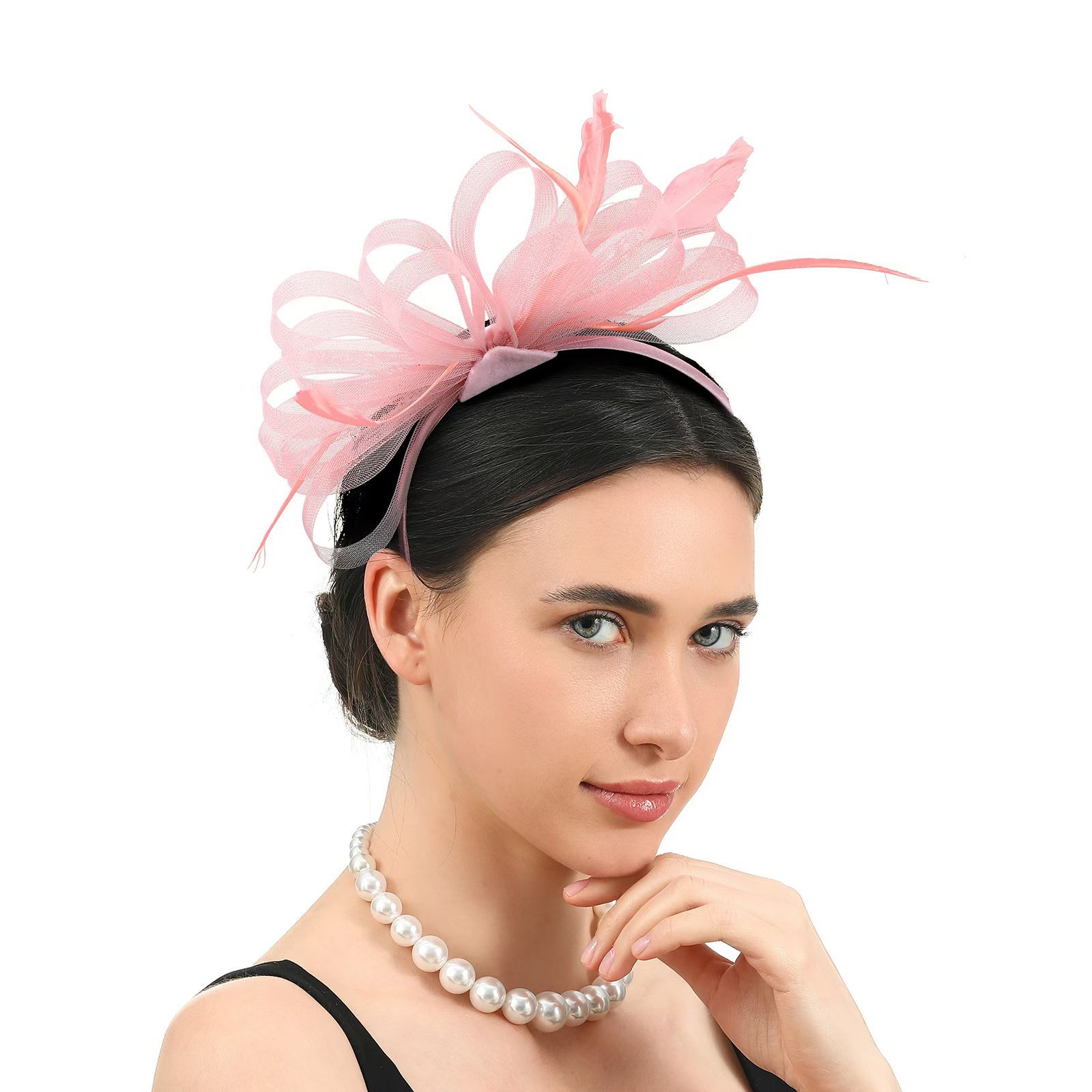 Vintage Elegant Bridal Mesh Feather Hair Accessory Tea Party Bow Women's Headpiece Horse Racing Head Flower Handmade Feather