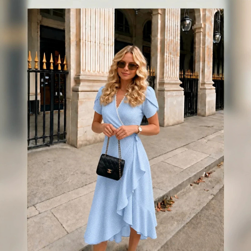 Gentle Light Blue Polka Dot Mid-Length Dress for Women with Lace-Up Waist, Lace V-Neck, Flutter Sleeves, and Asymmetrical Hem Gentle Light Blue Polka Dot Mid-Length Dress for Women with Lace-Up Waist, Lace V-Neck, Flutter Sleeves, and Asymmetrical Hem