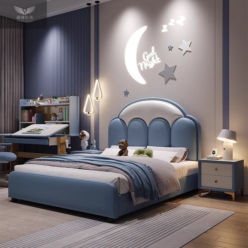 Cama de madera maciza para niños cama de cuero para niños cama individual 1.2m 1.5m 1.8m dormitorio principal cama de envoltura blanda
