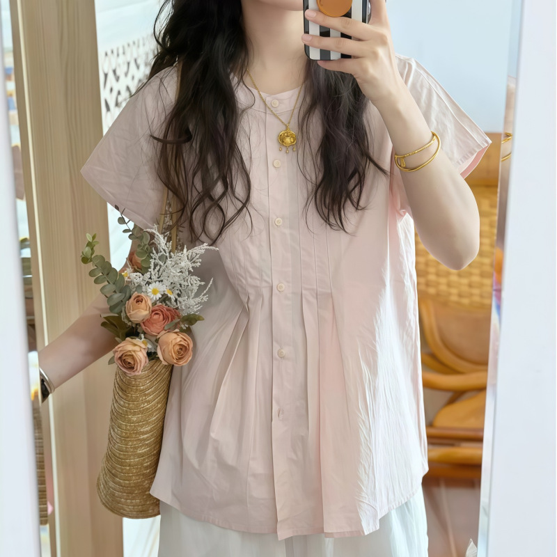 Japanese-Style Sweet Cream Pink Flutter-Sleeve Shirt, Summer Design with Pleated Loose Fit, Slimming Babydoll Shirt