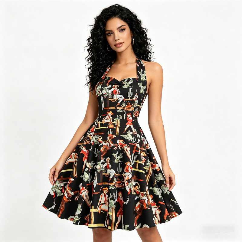 Cross-border Amazon 1950s Summer Vintage Printed Halter Neck Slim-Fit Dress Cross-border Amazon 1950s Summer Vintage Printed Halter Neck Slim-Fit Dress