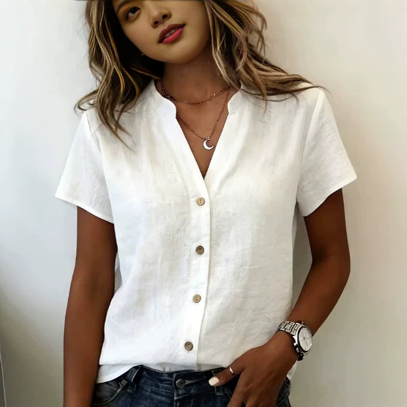 European and American Cross-Border New Style Women's Stand-Up Collar Short-Sleeved Shirt Casual Single-Breasted Solid Color Loose Comfortable Pullover Shirt