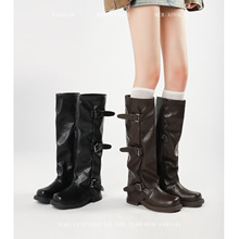 厚底胖mm西部靴子女大码41大筒围骑士靴褶皱堆堆靴粗腿长筒裤管靴
