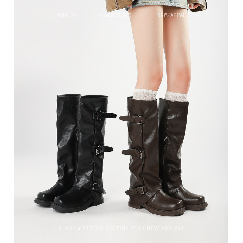 Thick-Soled Plus-Size Women's Western Boots, Large Size 41, Tall Shaft Riding Boots, Ruched Slouch Boots, Wide-Leg Long Boots