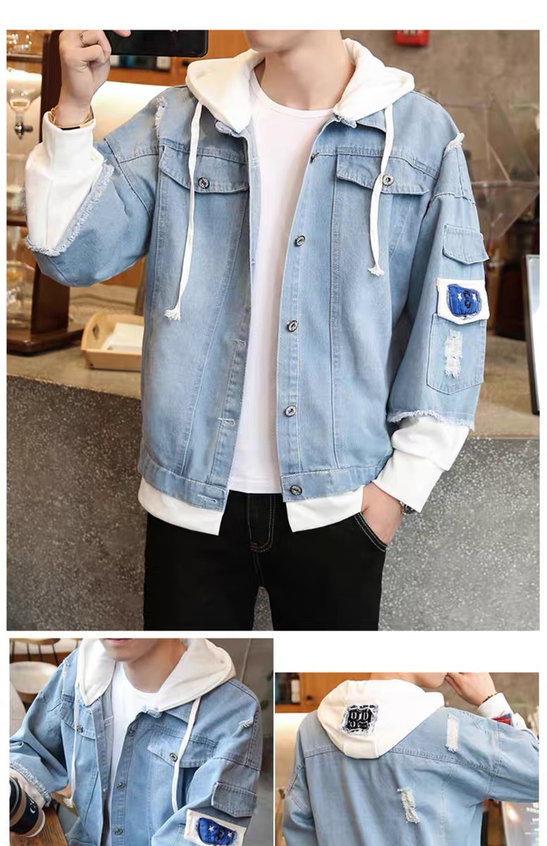Men's Loose Fit Hooded Denim Jacket Korean Style Workwear Coat False Two-Piece Black Blue Autumn Streetwear with Tags_viptrois.com