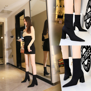 6838-3 European and American Simple Thick Heel High Heel Shallow Mouth Elastic Lycra Silk Short Boots