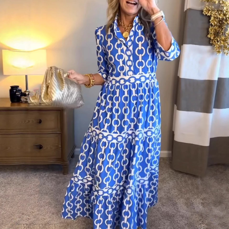 2026 European and American Spring/Summer New Women's Clothing in Stock for Cross-Border Sales on Amazon, Geometric Print Round Neck Long Dress for Women 2026 European and American Spring/Summer New Women's Clothing in Stock for Cross-Border Sales on Amazon, Geometric Print Round Neck Long Dress for Women