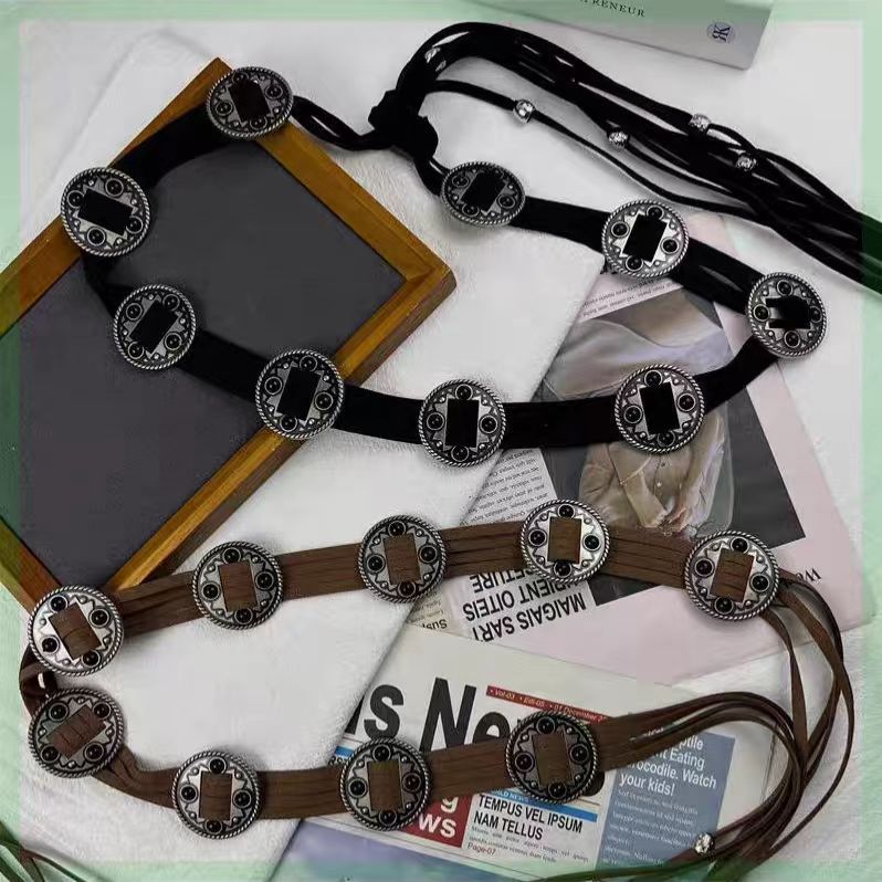 Vintage Ethnic Style Blackstone Inlaid Copper Waist Chain Indian Tribal Style Tassel Belt Belt Bohemian Style