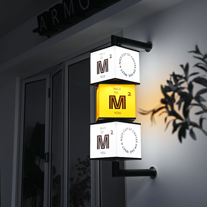 No estándar personalizado creativo red acrílico soporte giratorio caja de luz dinámica puerta colgante lateral cartel rodante