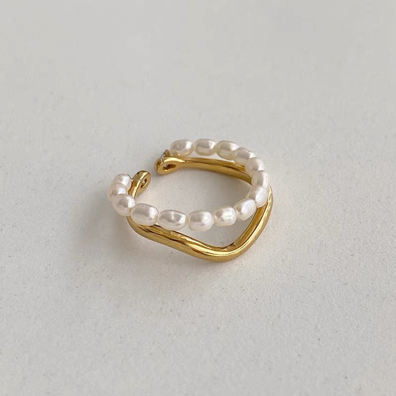 Retro Color Block Freshwater Pearl Metal Beaded Plating Open Ring display picture 1