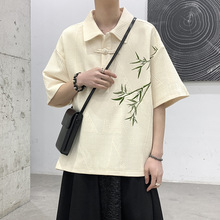 2024春夏中国风新中式竹子刺绣盘扣短袖POLO衫宽松休闲男女衬衫