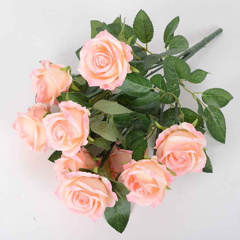 9-cabeza Rosa flor artificial ramo hogar Decoración de la boda Rosa artificial pequeña venta al por mayor de París