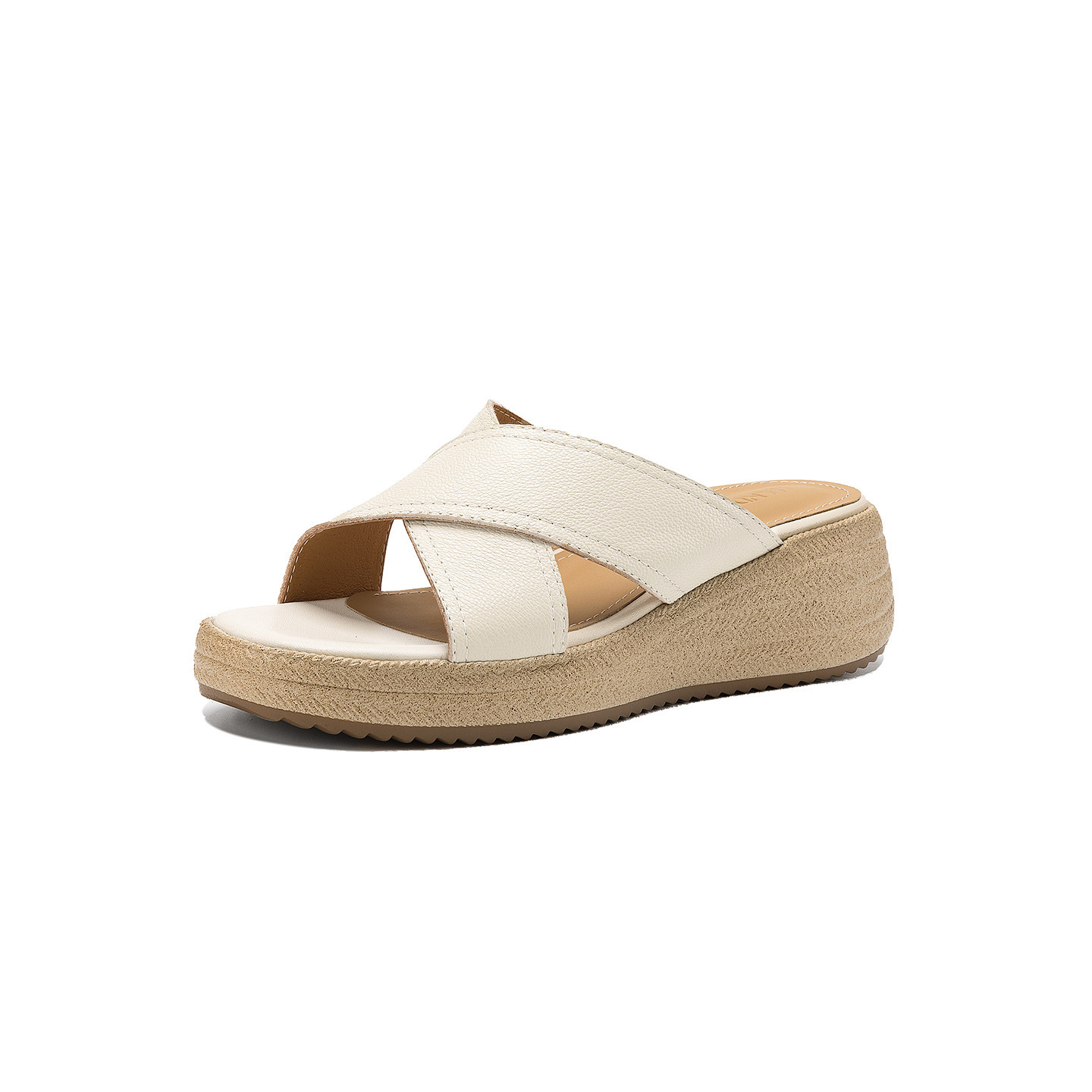 Dép sandal nữ quai chéo hở ngón đế dày da cừu — màu trắng ngà