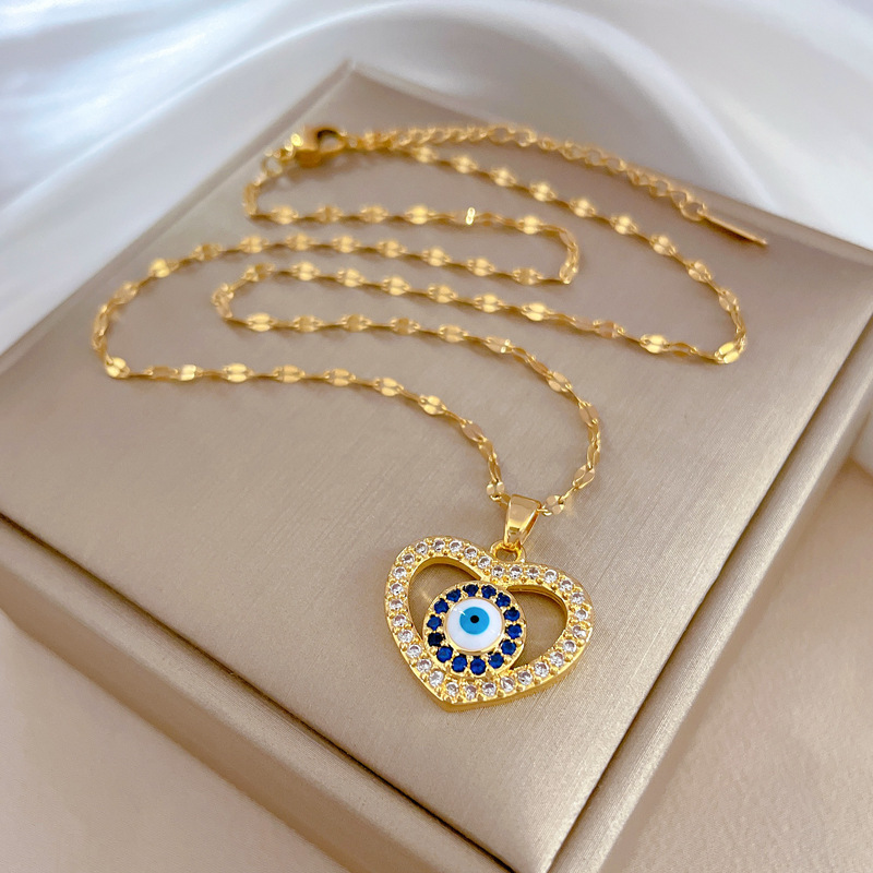 Copper Pendant Material Artificial Gemstones Inlay Material Retro Devil's Eye Heart Shape Titanium Steel Copper Inlay Artificial Gemstones Pendant Necklace