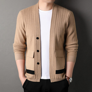New autumn men's knitted cardigan Korean-style color matching slim-fit long-sleeved shawl with pockets striped men's coat wholesale