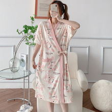 夏季棉短袖睡袍女大码150斤胖mm睡裙日系女装和服中长款浴袍 晨袍