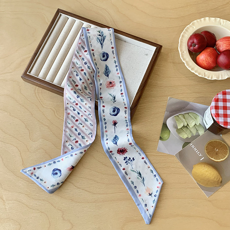 Bufandas de seda para mujeres de verano nuevo bufandas de moda flores y hierbas toallas de muñeca bolsas largas cinta cinturón atar cabello flotante