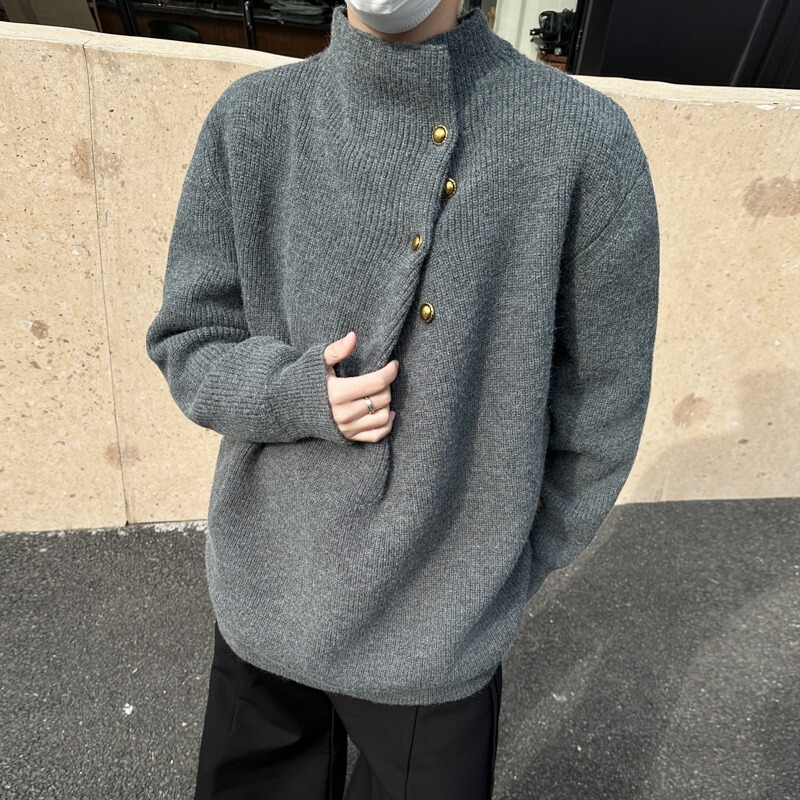 Irregular Button Design Sense Turtleneck Sweater Men's Korean Style Trendy Brand Plagiback Handsome Lazy oversize Sweater Top