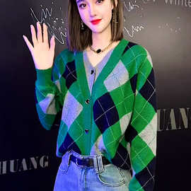 春秋俏皮活泼港风套装女新款复古chic学院风V领针织衫毛衣两件套