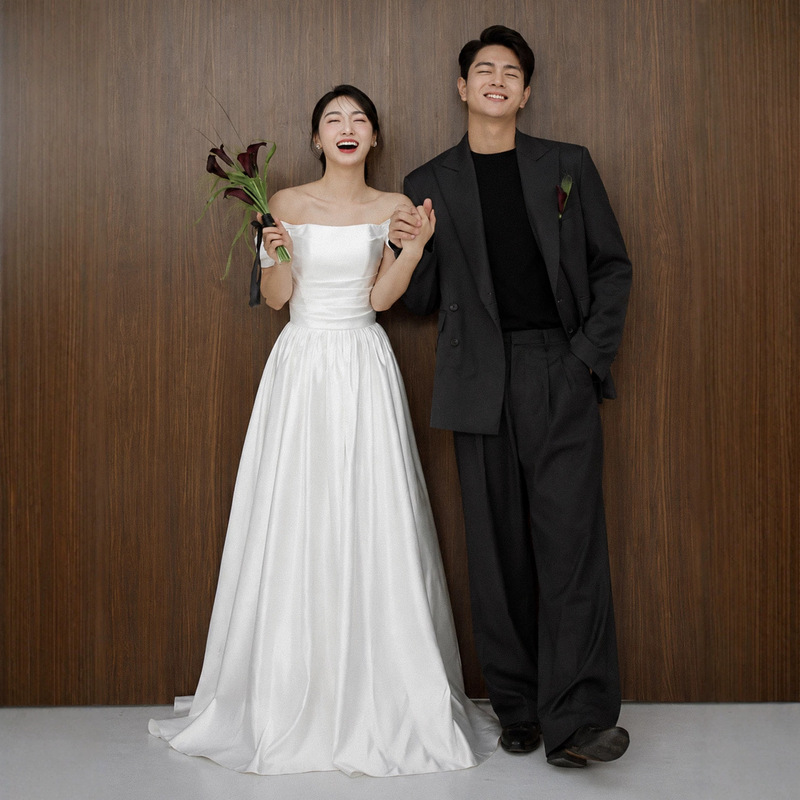 French-style satin light wedding dress with off-shoulder design, simple and elegant, suitable for studio-themed couple photoshoots, white dress for outings French-style satin light wedding dress with off-shoulder design, simple and elegant, suitable for studio-themed couple photoshoots, white dress for outings