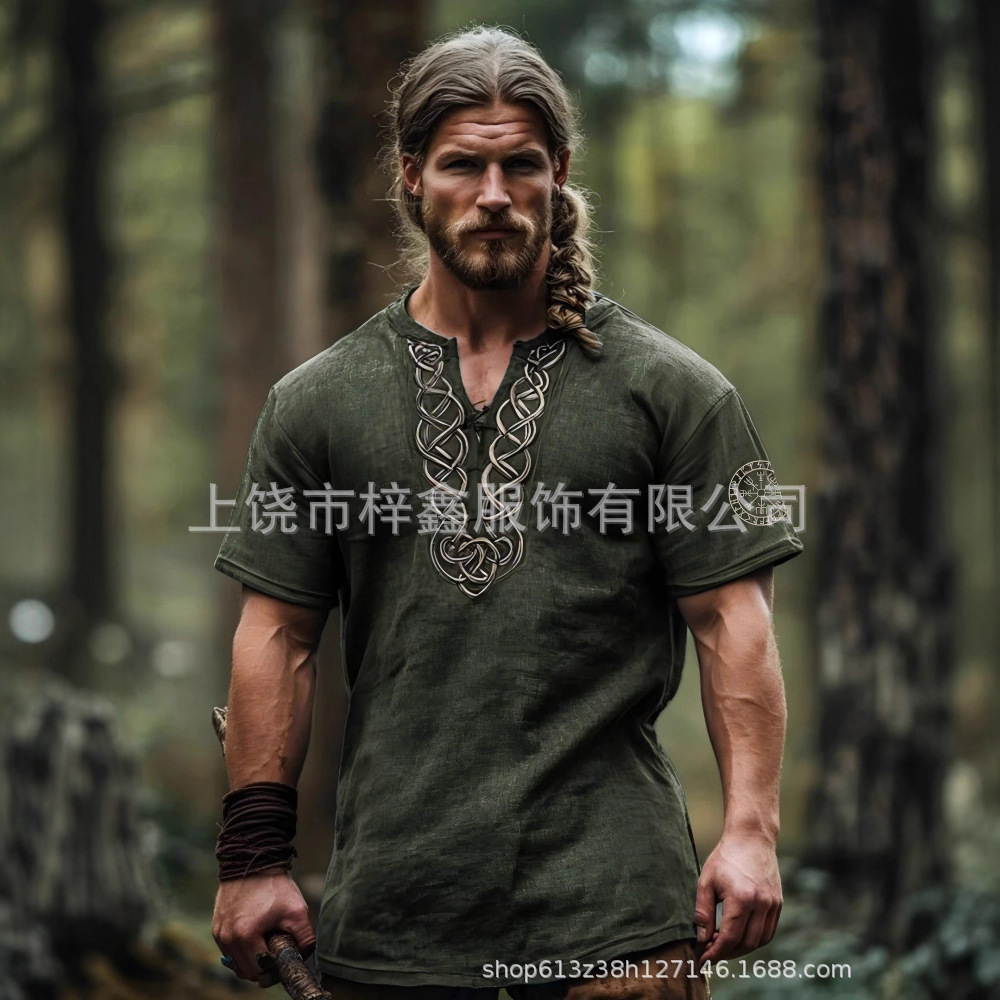 跨境夏季男士麻料短袖休闲圆领T恤3D民族风数码印花短袖量大价优