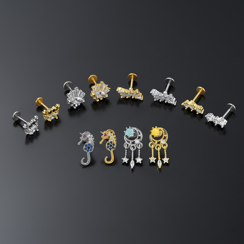 Amazon's cross-border best-selling temperament micro-encrusted zircon piercing jewelry women's flat-bottomed ear bone studs ear studs and lip studs wholesale