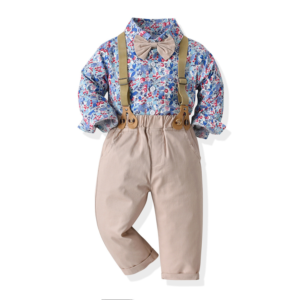 Europa y los Estados Unidos corbata de niños manga larga una sola fila de botón camisa de algodón pantalones de dos piezas set de ropa de caballero bebé niño