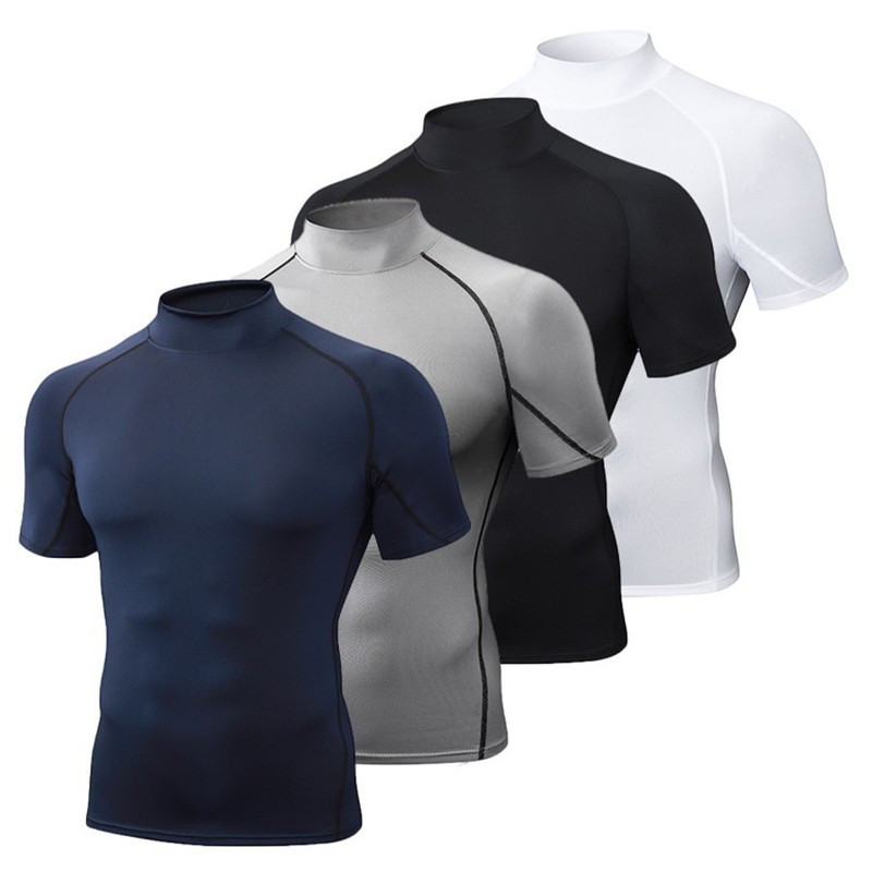 High-Neck Tight-Fitting Quick-Drying Men's Summer Elastic T-Shirt Running Fitness Training Clothing Sweaty Sports Compression Short-Sleeved