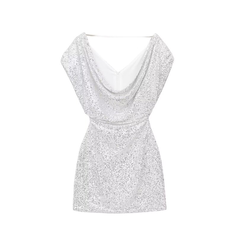 Za New Women's V-Neck Sequined Sleeveless Slim A-Line Skirt High-Waisted Mini Dress with Sequin Embellishments 4772358