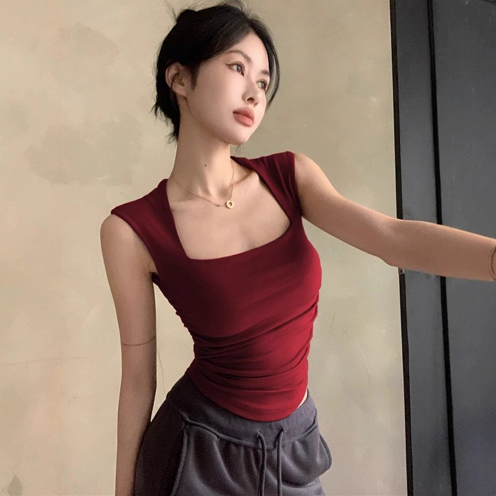 Американский ретро сексуальный дизайн камзола, облегающая рубашка с квадратным воротником, плиссированный тонкий короткий топ