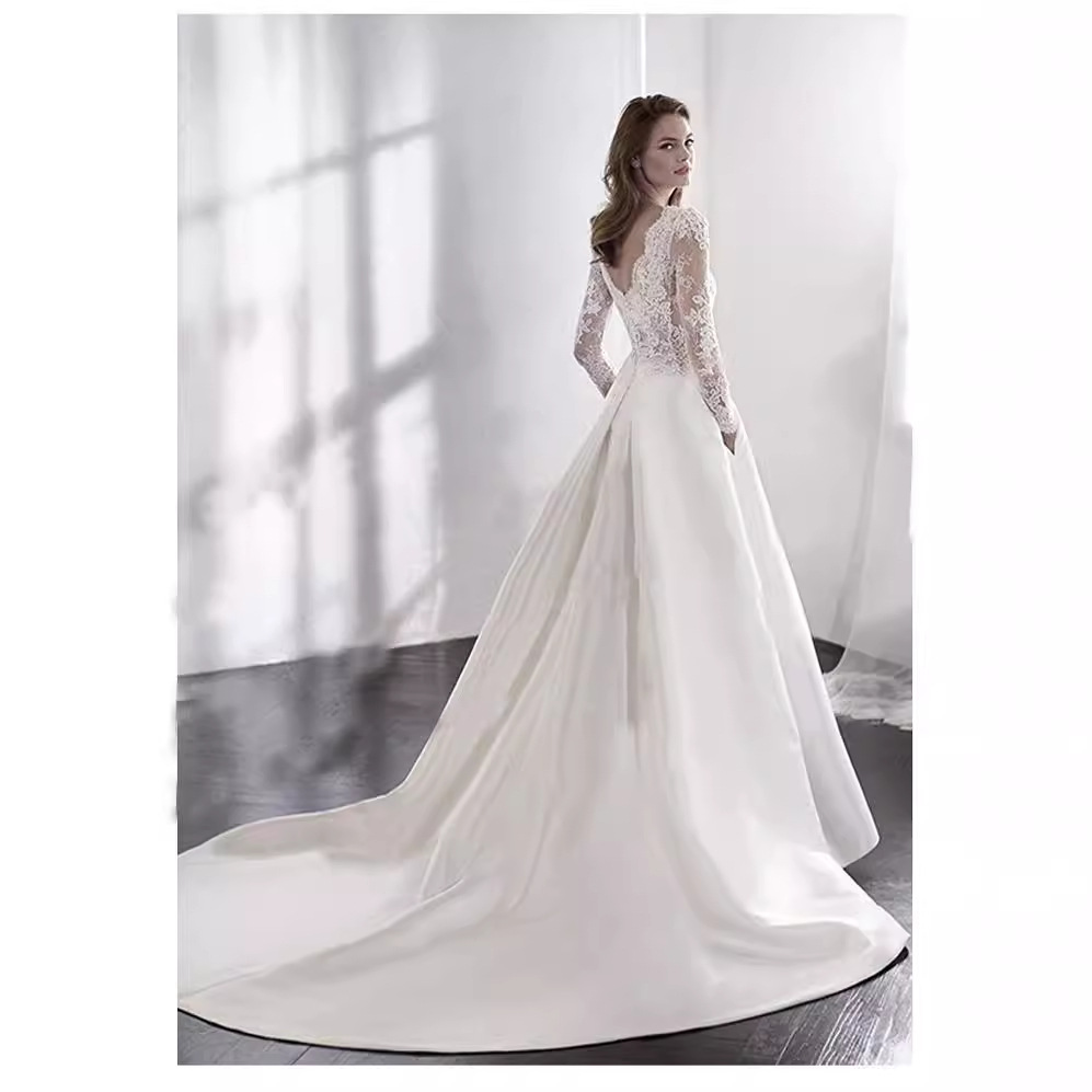 Vestido de boda de encaje nuevo satén de manga larga Europa y América comercio exterior Amazon AliExpress Wish velo ligero vestido de boda adelgazante