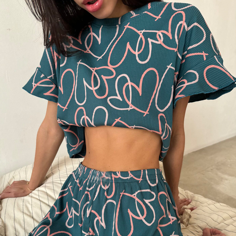 Summer Ladies Casual Printing Suit Ruffled Short Sleeve round Neck Shorts Pajamas Two Piece Set 9 Summer Ladies Casual Printing Suit Ruffled Short Sleeve round Neck Shorts Pajamas Two Piece Set