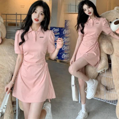 Polo collar dress women's summer 2022 new drawstring waist slimming slim sweet and spicy solid color style short-sleeved skirt