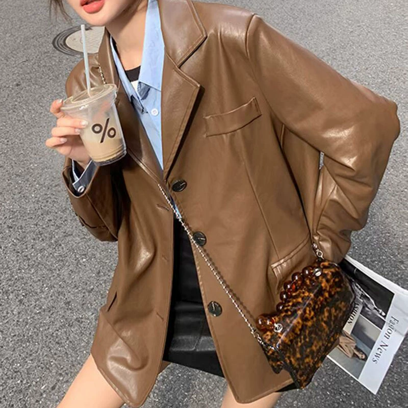 Среднедлинная кожаная куртка женская осень-зима тонкая дикая сетка красный отворот пиджак женская кожаная одежда A2464