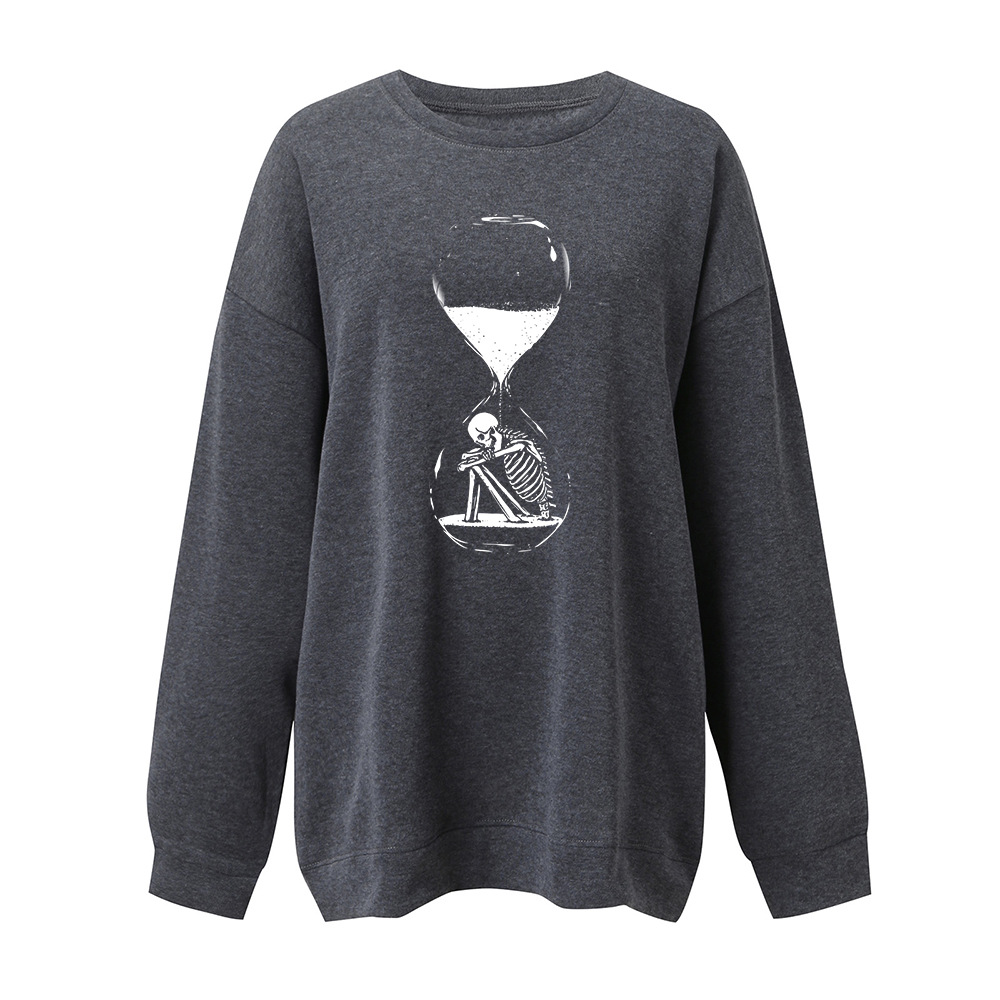 Halloween Sanduhr Skelett Fleece Rundhals Pullover Tropfen Schulter Langarm Herbst/Winter Warm Top Unisex_voghion.com