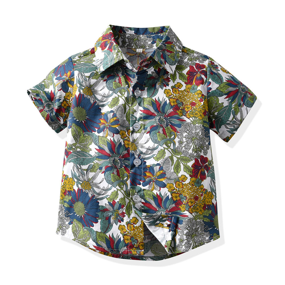 Camisas de comercio exterior para niños Cárdigan de solapa de flores de manga corta de verano 2025 para niños, tops de algodón casuales de todo fósforo, nueva ropa