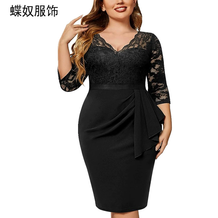 (Граница торговли), кружевной шифон pencil юбка-платье, европейский стиль, plus size, V-образный вырез, акцент на бёдрах