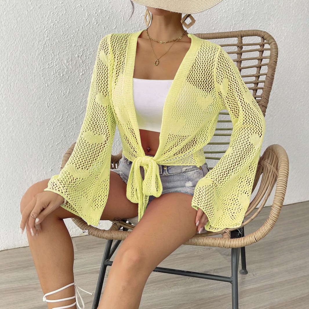 跨境欧美女装女士开衫春夏新品绑带蝴蝶结喇叭袖机织衫比基尼罩衫