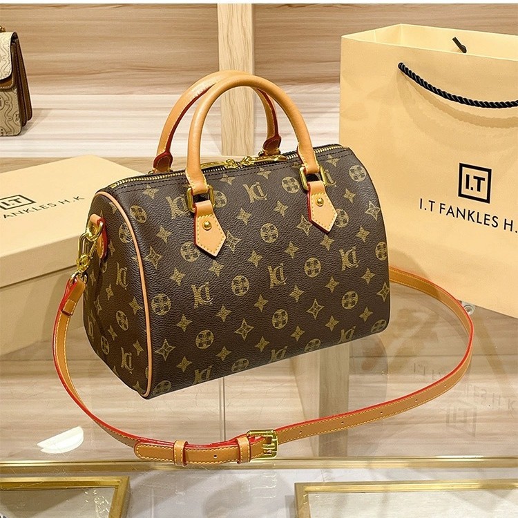 Produto real com etiqueta L Pillow 2025 Nova bolsa transversal Speedy em couro genuíno V Boston Fashion com estampa_voghion.com