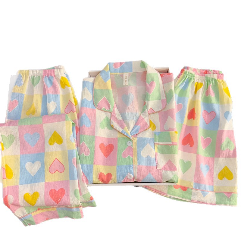 Amoroso teñido anudado, pijamas de hilo de algodón puro, estilo fino de verano para mujer, cárdigan de niña dulce de manga corta, servicio a domicilio de tres piezas