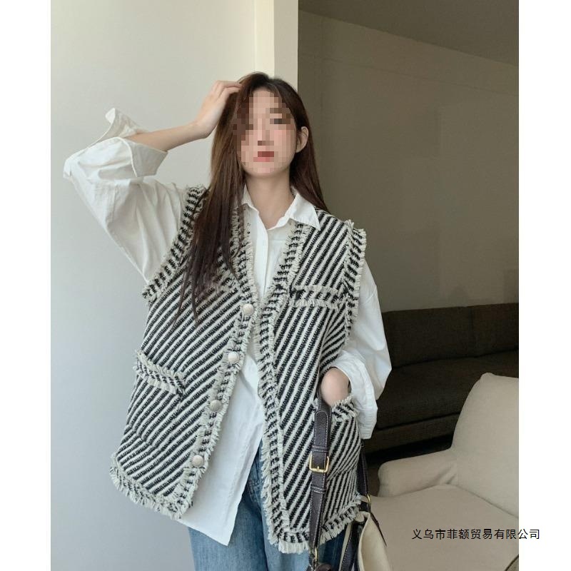 法式小香风马甲外套女秋季2023新款感宽松毛边无袖坎肩上衣潮