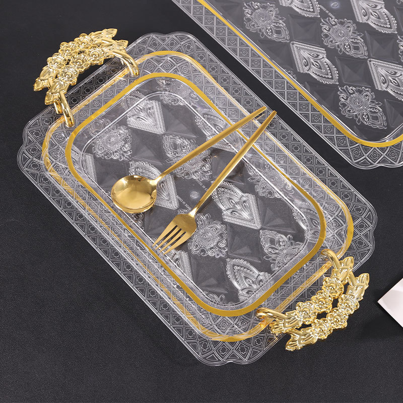 透明长方形玫瑰手柄烫金轻奢托盘跨境tray茶盘果盘点心盘放水杯盘