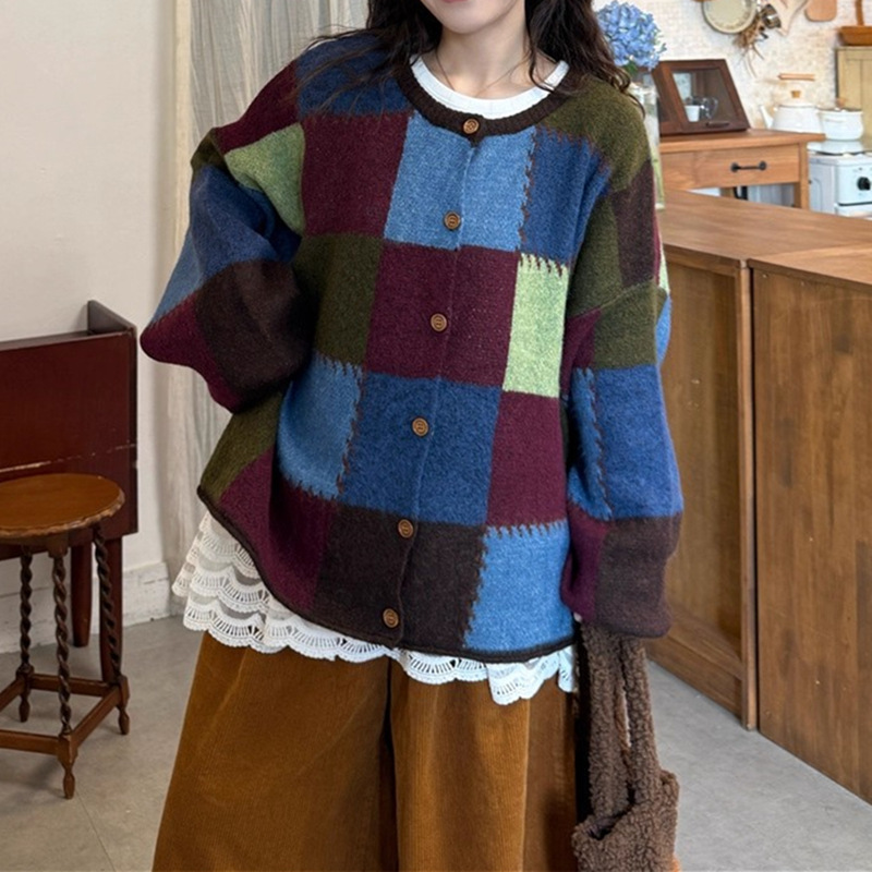 复古日系撞色格子大码胖mm针织开衫女秋冬新款宽松设计感毛衣外套|undefined