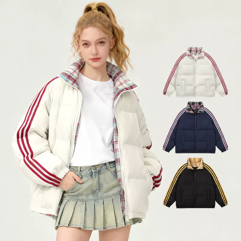 冬季外套女立领格子三条杠棉服美式运动时尚拼色棉袄加厚防寒棉衣