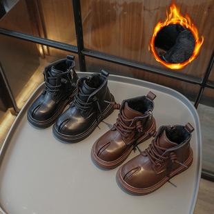 Girls 2023 Autumn and Winter New Girl Western Style British Style Children's Leather Boots fleece-lined Cotton Little Girl Boots