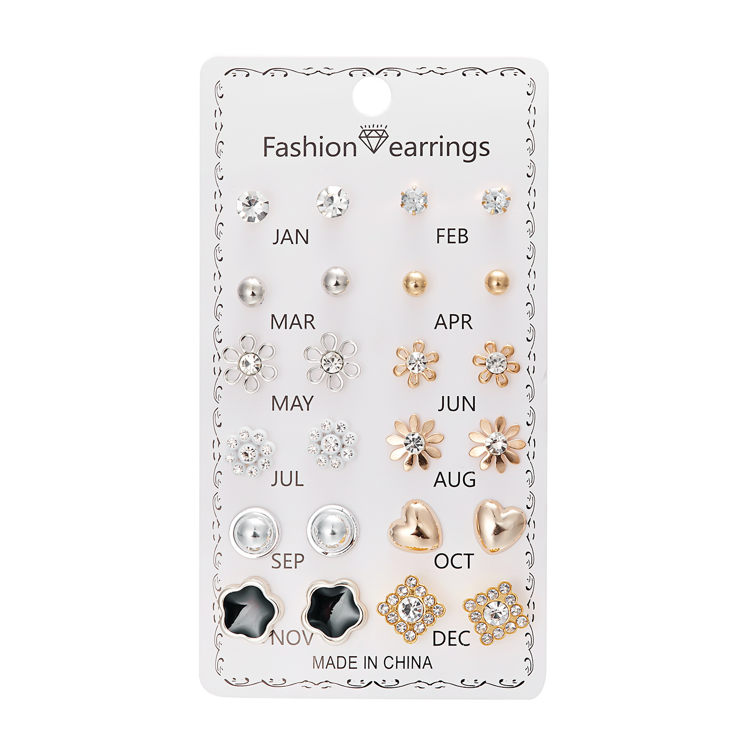 Set de 12 pares de aretes con flores de diamante