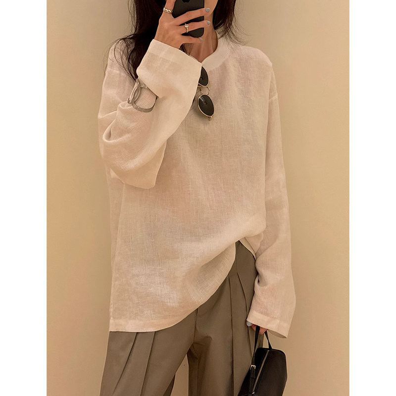 White Linen T-Shirt! Sun-Protective High-Quality Full Linen Loose Casual Sweatshirt Thin Long-Sleeve Women's T-Shirt Summer Top New
