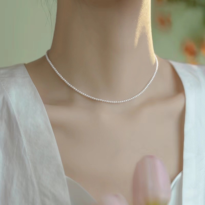 2mm Huge and Thin Shijia Perfect Round Flawless Bright Pearl Necklace for Women 18K Gold-Filled Millet Beads Thin New Clavicle Chain