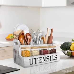 Kitchen Utensil Holder Kitchen Countertop Cooking Utensils Seasoning Storage Box Country White Wooden Tableware Storage Box